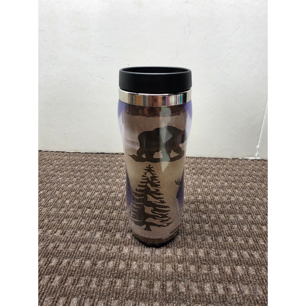 Wildlife Bear Moose Pine Tree Insulated Travel Mug Tumbler Brown Purple 16oz